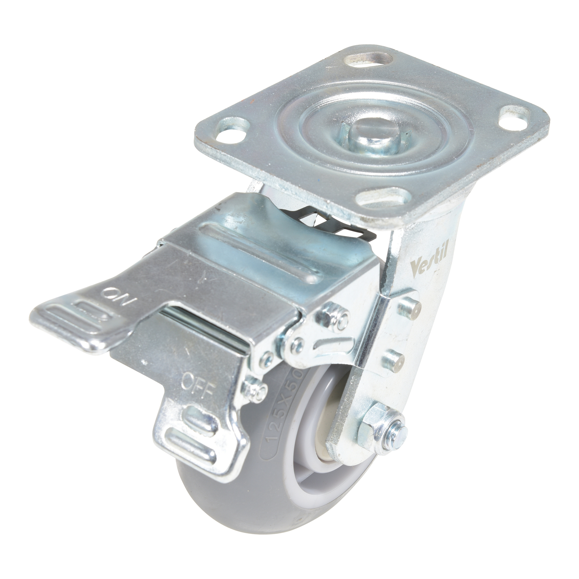 Vestil Rubber Swivel Caster with Total Brake - 5in. x 2in., 551-Lb. Capacity, Thermoplastic Rubber, Zinc-Plated, Model# CST-VE-5X2TPR-SWTB